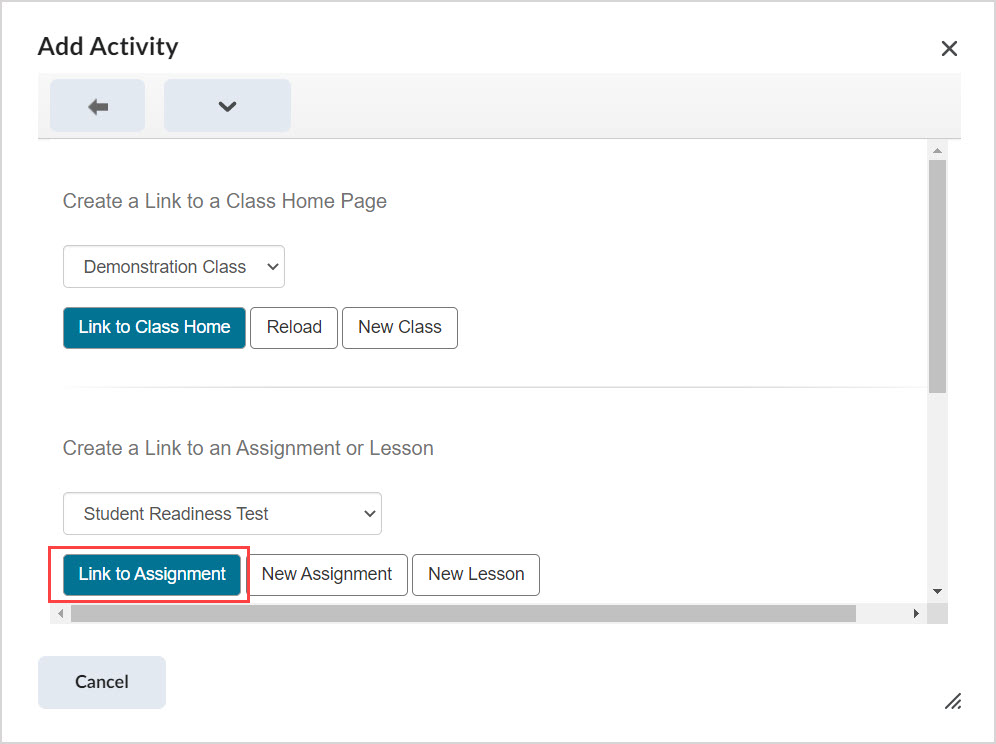 Under Create a Link to an Assignment or Lesson, Student Readiness Test is selected in the dropdown menu and the Link to Assignment button is highlighted.